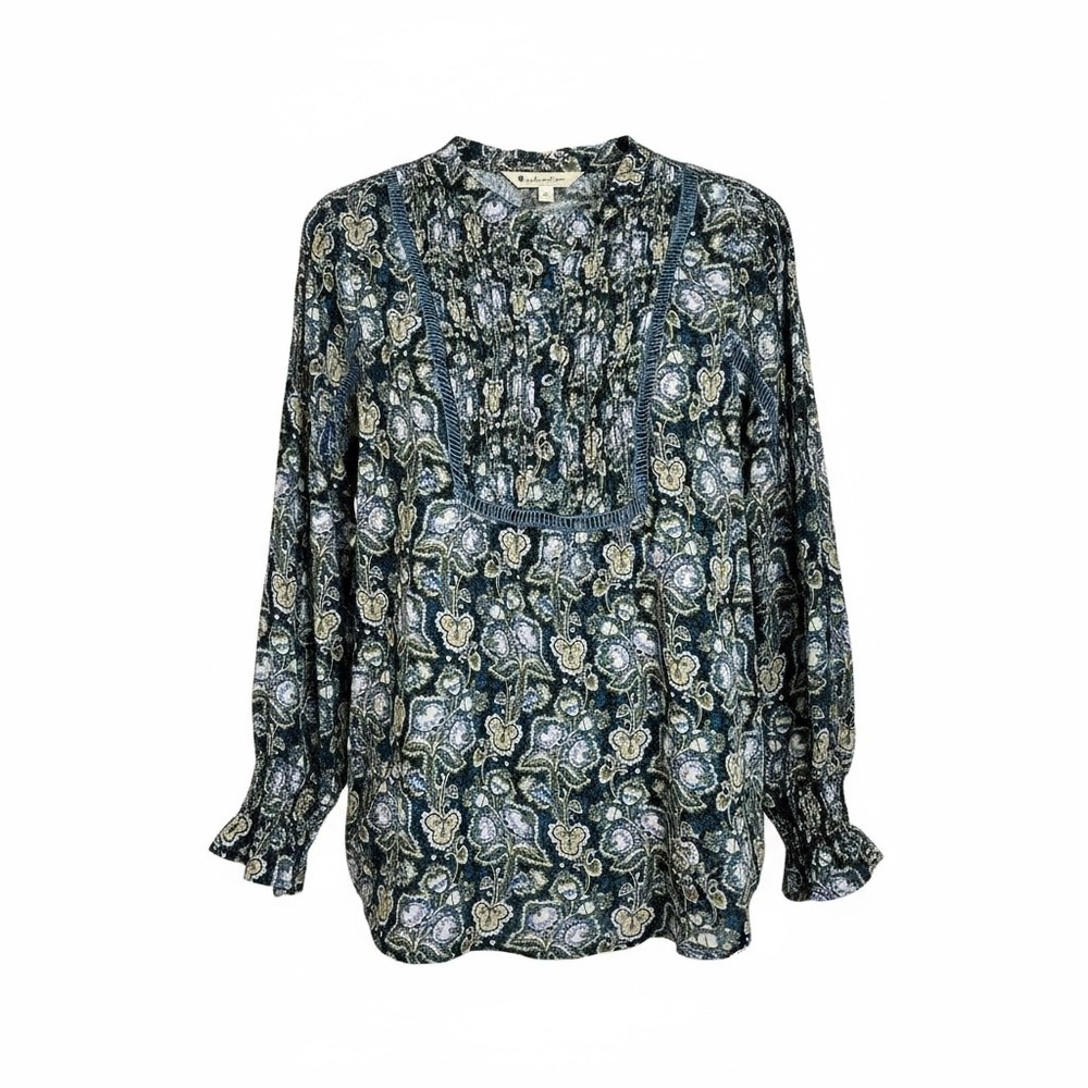 Linda Anderson Small Floral Print Pintuck Pleated Long Sleeve Blouse Top